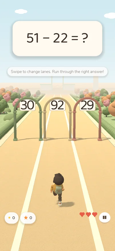 Gameplay: a question card above three answer gates on a garden path